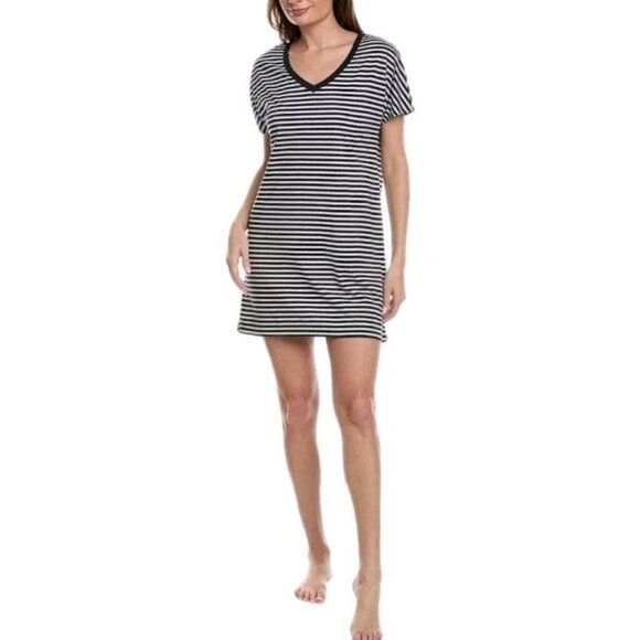 Hanro Other - Hanro Laura Bigshirt Sleep Shirt Women XS VNeck Short Sleeve Midnight Stripe NWT